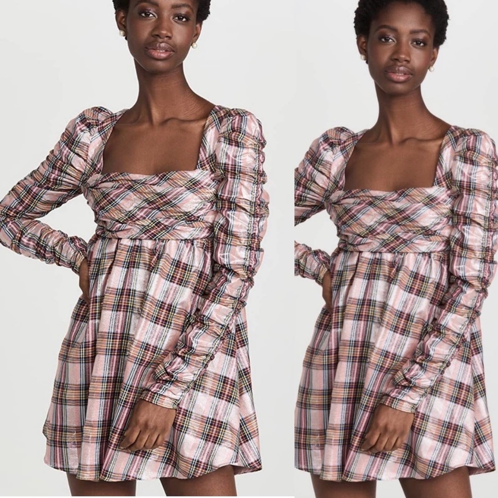 Saylor Yulia Dress Plaid Shimmer Pink Ruched Mini Women's Sz S NEW Retail $220